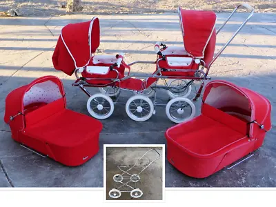Vintage Swedish EMMALJUNGA BABY BUS Double Stroller RED Plus Single VIKING Frame • $850