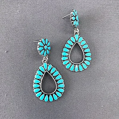 Turquoise Color Flower Petal Design Teardrop Shape Drop Dangle Post Earrings • $9.99