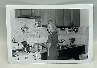 Vtg 1969 Photo Pretty Woman In Kitchen Making A Sandwich Chrome Tea Kettle • $12.59