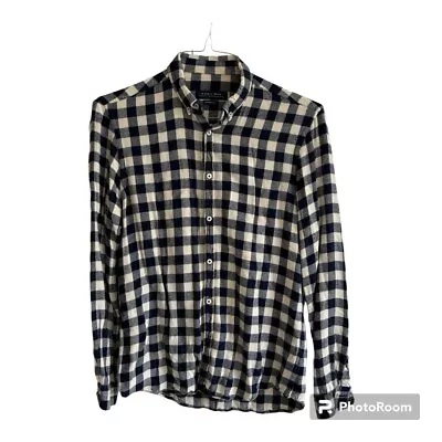 Zara Man Fleece Plaid Gingham Navy Blue And White Casual Button Down Shirt • $12
