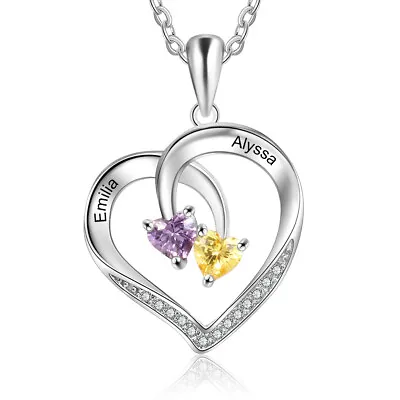 Personalize 2 Names Heart Necklace Birthstone Necklace Pendant For Women Mother • $15.48