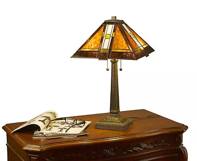 $169.98 • Buy Tiffany Style Stained Glass Brown Mission Table Lamp 2 Light 14  Shade  New
