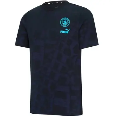 Puma Manchester CIty 2022 -23 FtblCore AOP Tee Shirt- Dark Navy/Hero Blue • $40.79