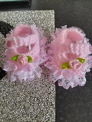£3.99 • Buy Hand Knitted Mary Jane Style Baby /reborn Lacy Shoes Newborn Pink Bling Button