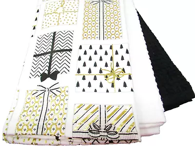 Kitchen Towels Set Of 3 Dish Hand Wrapped Gifts Black White Gold Metallic Thread • $18.95