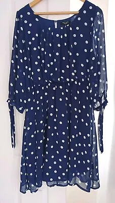 New Look Navy Polka Dot Lined Chiffon Dress 20 Vintage 1950's Pin Up • £0.99