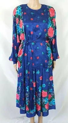 Vintage 80’s Diane Freis Original Blue Pink Floral Dress With Bow 100% Silk 2 Pc • $59.99
