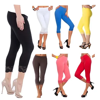 Women's Ladies 3/4 Cropped Lace Leggings Comfy Ladies Casual Pants Plus Sizes Uk • £5.29