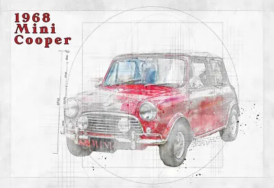 Tech Drawing  Blueprint 1968 Mini Cooper  Mock Retro Art Poster Print • £8.99