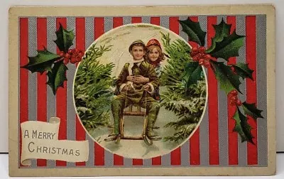 Merry Christmas Red Silver Stripes Hollyberry Children On Sleigh Postcard E10 • $7.49