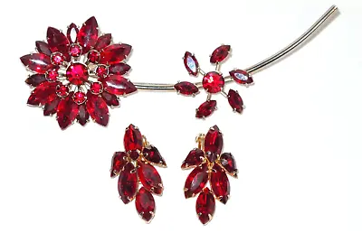 Vintage Unsigned Ruby Red Austrian Crystal Rhinestone Flower Pin & Earrings Set • $40