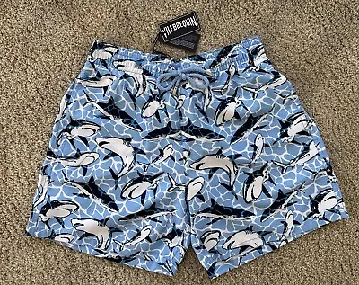 NWT 100% Authentic Vilebrequin MOOREA Swim Trunks-SHARKS- S -BLUE - MEN - SMALL • $125