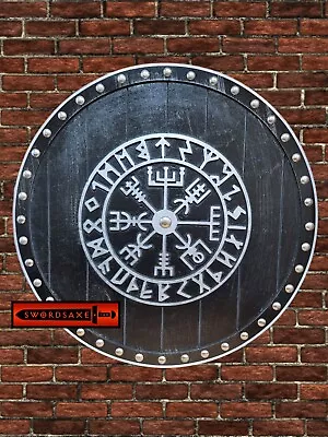 Viking Runes Helm Of Awe Aegishjalmur Norse Carved Wood Round Shield Silver Trim • $99.99