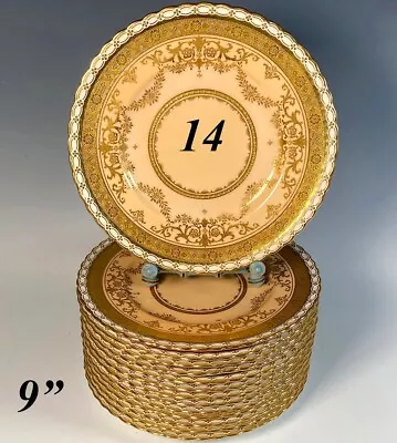 Antique Belle Epoch Raised Gold Enamel MINTON 14pc 9  Plates Salad Or Dessert • $1271.25