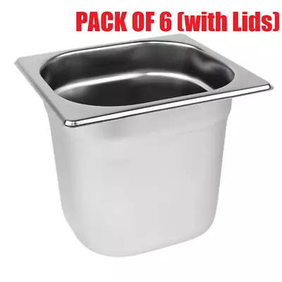 £69.99 • Buy 6X Gastronorm & Lid 1/6 Stainless Steel Bain Marie Food Container Pan Pot 150m