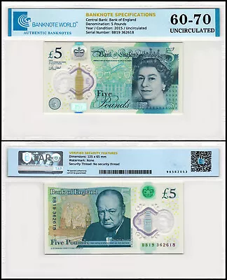 Great Britain 5 Pounds 2015 P-394 UNC Polymer Authenticated Banknote • $19.99