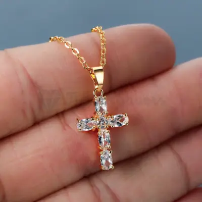 18ct Gold Plated Sterling Silver Cubic Zirconia Sparkling Cross Pendant Necklace • £4.99