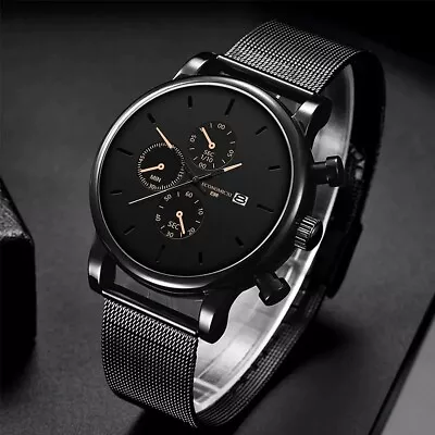 Black Mens Watch Minimalist Casual Business Style Stainless Steel Mesh Strap UK • £12.46