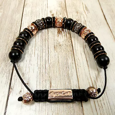 Beaded Rhinestone Rose Gold Black Adjustable Fleur De Leis Macrame Bracelet NIB • $10.99