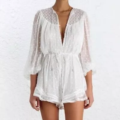 ZIMMERMANN Belle Web Dot Silk Playsuit White Silk Size 0 • $150