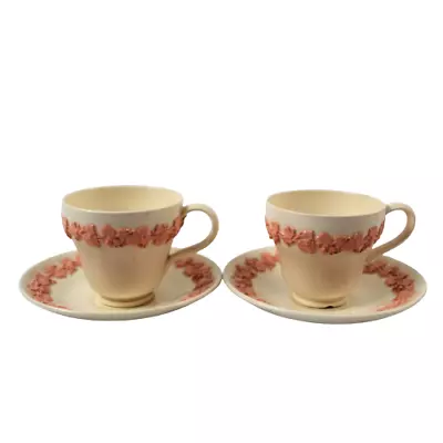 £60 • Buy Wedgwood Queens Ware Pair Of Small Coffee Cups & Saucers Pink Embossed On Cream