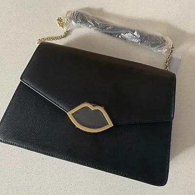 £135 • Buy BNWT Lulu Guinness Annabel Black Leather Cut Out Lips Handbag