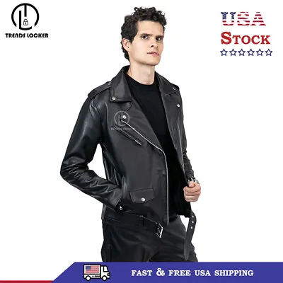 $113.75 • Buy Mens Brando Leather Jacket Biker Perfecto Top Grain Marlon Motorcycle Punk Coat