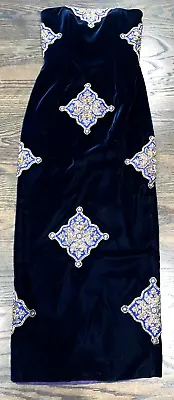 Bill Blass Vintage Gold Jewel Embroidered Blue Velvet Long Maxi Gown Dress US 4 • $937.33