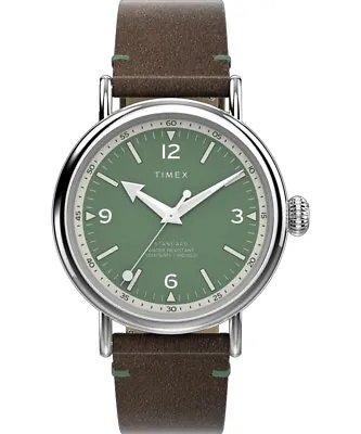Timex TW2V71200 Men's Standard Indiglo Brown Strap Green Dial 3-Hand Watch • $69