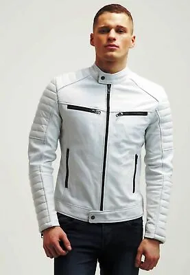 Men Genuine Leather Jacket Pearl White Biker Motorcycle Jacket Soft Lambskin New • $145