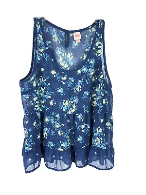 Mossimo Womens Top Tank Blue Sheer Floral Sleeve Keyhole Round Neck Sz XXL A21 • $7.19