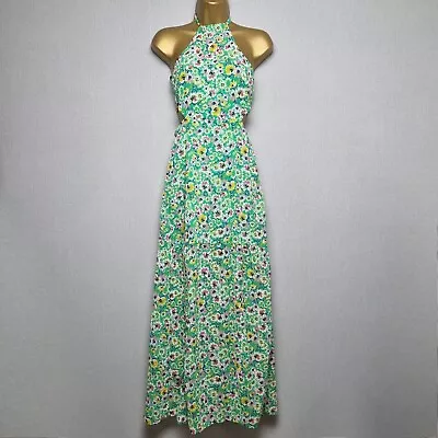 H&M Chiffon Dress Size 6 Open Back Halterneck Green Floral Slits Beach Holiday • £19.99