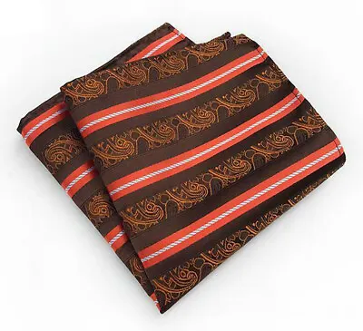 Tie Pocket Square Brown Orange Paisley Stripe Set Silk Wedding Necktie Hanky • £5.95