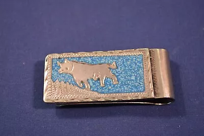 Vintage Alpaca Mexico Money ClipBull FightingTurquoise InlayK21 • $21.75