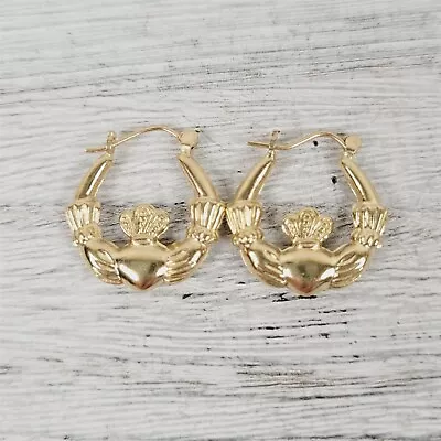 Vintage Irish Love 14K Yellow Gold Claddagh Hoop Earrings Staple Hoops Luxury • $198