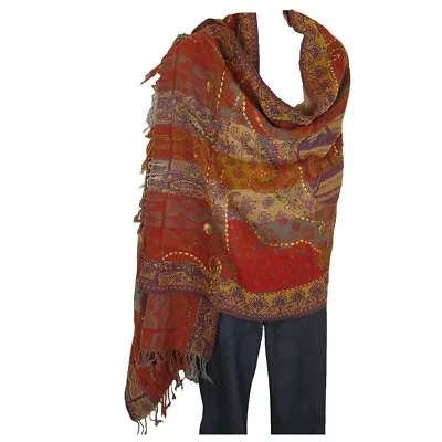 Yak/Sheep Wool Blend|Stitched Embroidery|Shawl| Handcrafted|Nepal | Red & Sand • $83