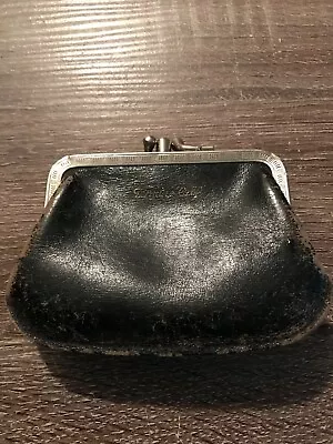 Vintage Genuine Calf Leather Kiss Lock Double Coin Change Purse  Black • $9.99