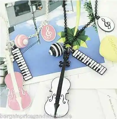 Vintage Retro Music Guitar Violin Piano Theme Pendant Necklace Black/Pink  • £3.50