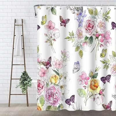  Floral Butterfly Shower Curtain Pink Floral Watercolor 72 W X 72 H Pink Yellow • $15.17