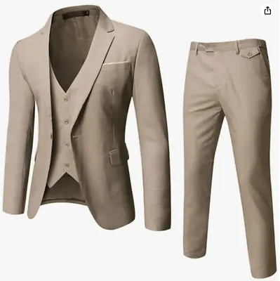 Mage Male Men's 3 Piece Suit 3XL 48R Khaki Slim Fit 2 Vents 1 Button Notched • $75