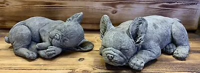 Stone Garden Pair Of Lying Frenchie French Bulldog Dog Puppy Ornament Statue • £51.40