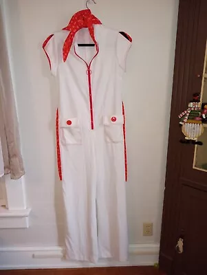 Vintage 70s White Red Jumpsuit Womens Disco Zipper Pockets Cap Sleeves Scarf • $48