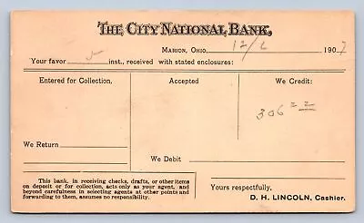 J93/ Marion Ohio Postcard 1907 The City National Bank Statement 123 • $9.20