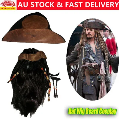 Pirates Of The Caribbean Captain Jack Sparrow Cosplay Brown Wig Hat Beard Prop • $36.09