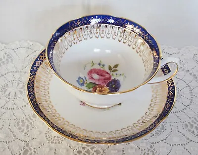 Vintage Royal Grafton English Bone China Cup And Saucer Set Blue Gold Floral • $18.95
