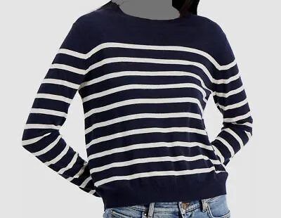 $365 Weekend Max Mara Women's Blue Striped Wool Cashmere Blend Sweater Size L • $117.18
