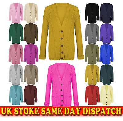 £12.99 • Buy Womens Ladies Chunky Cable Knit Cardigan Button Long Grandad Sleeves Plus Sizes