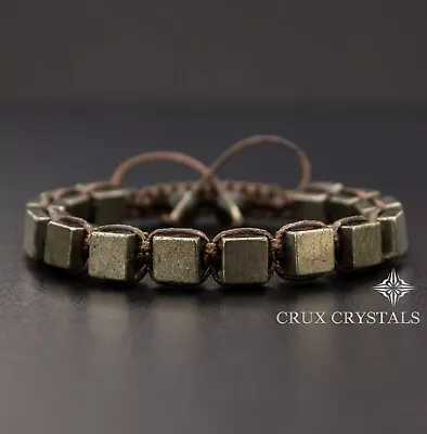 Fools Gold Pyrite Cube Shaped Shamballa Style Beaded Bracelet Gemstone Handmade • $56