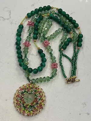 Vintage Miriam Haskell Era Style Necklace Green Pink Glass Crystal Beads Gold Tn • $97