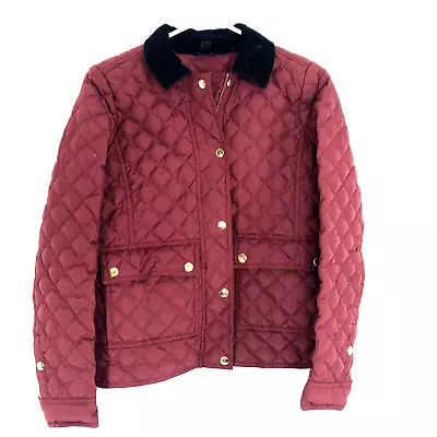 J Crew Barn Coat Quilted Down Jacket Rust Red Size XS Corduroy Collar Snap Front • $19